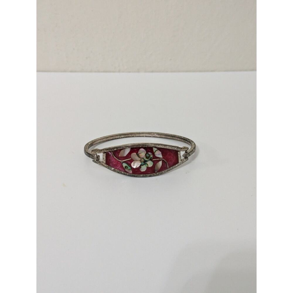 Vintage Alpaca (Mexico) flower Red Enamel‎ Bracelet Rare